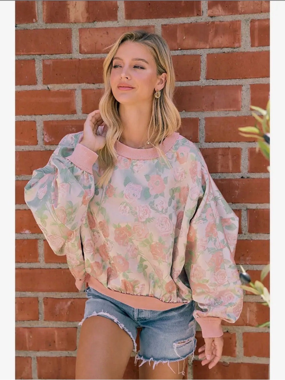 Blush pink rose floral dolman sleeve pullover stitch sweatshirt tunic top